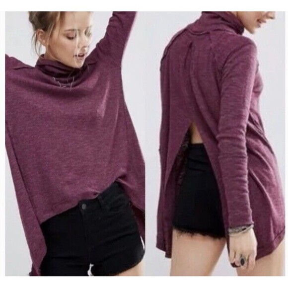 Free People Thermal Tunic Womens Medium Burgundy Split Back Turtleneck Oversized - Picture 1 of 12